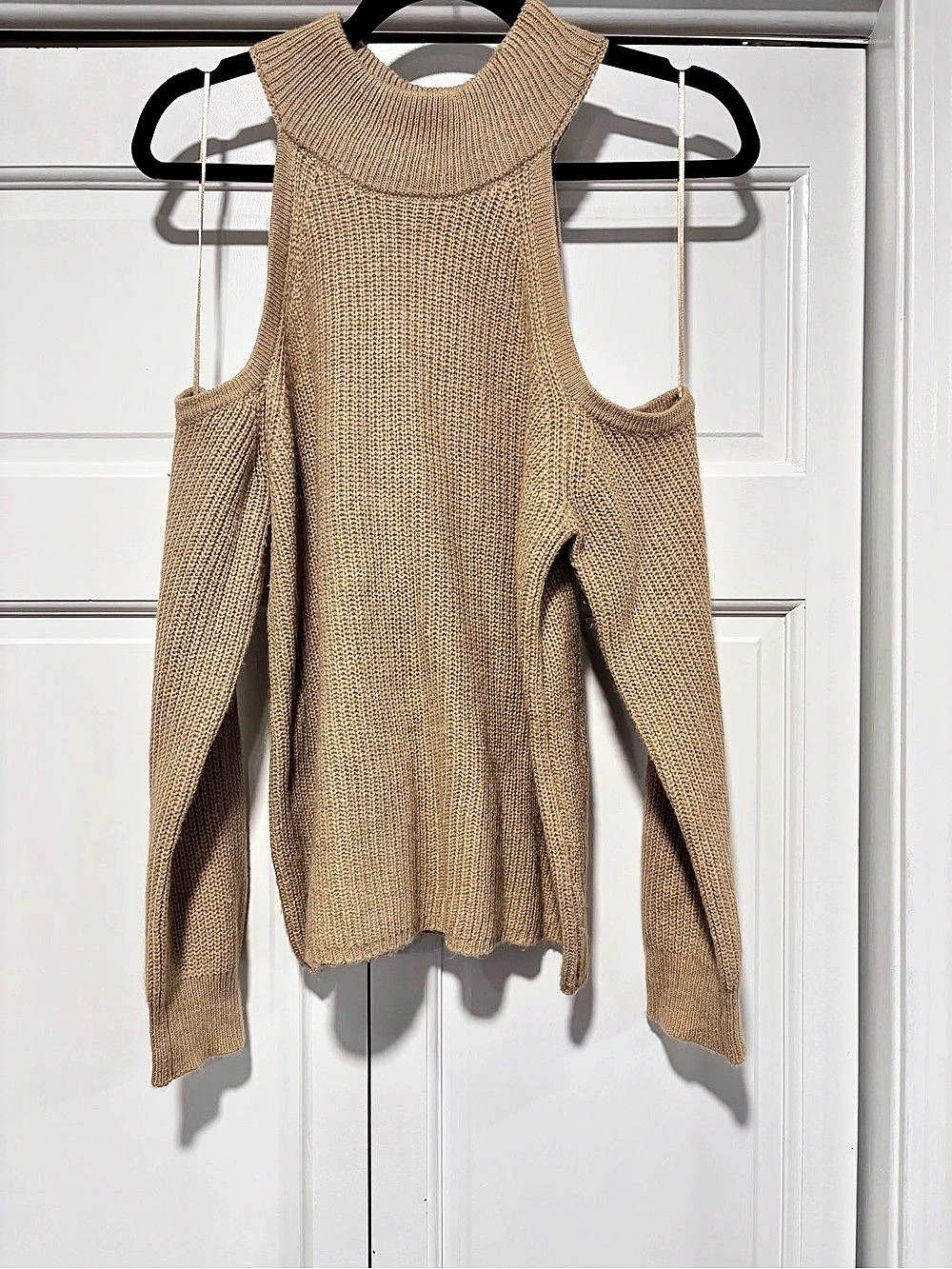 1. STATE Cross Neck Cold Shoulder Cotton Blend Sweater Knit Sweater Beige Medium